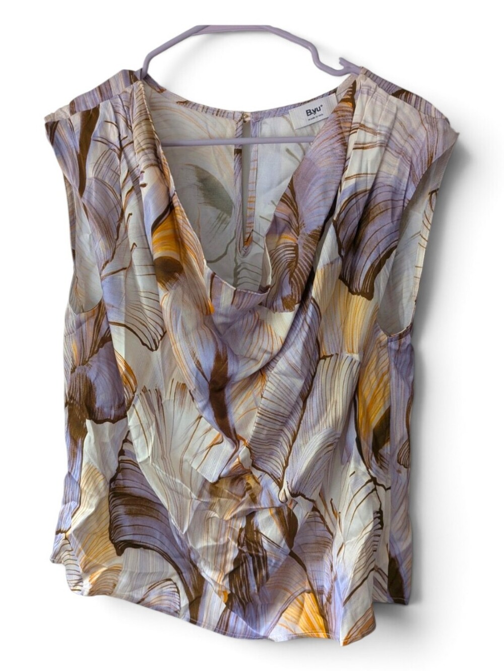 B.yu Made in Italy 100% Viscose Abstract Botanical Draped Cowl Neck Blouse